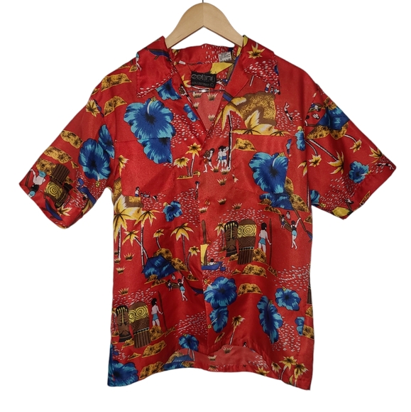 Cellini Other - Cellini Vintage men's Hawaiian shirt size L Red Island Scenic Print
